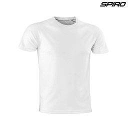 A white adult t-shirt with short sleeves and a logo in the top corner.