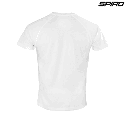 A white t-shirt with a short sleeve design, featuring a logo on the top right corner.