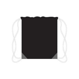 A black drawstring bag with grey corners and white cords, featuring a branding logo.