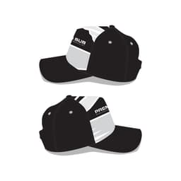 A black and white 5-panel cap featuring a logo, with a structured front and curved peak.