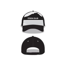 Black 5 panel cap featuring a logo and a mountain design on the front, with a flat brim and an adjustable strap at the back.