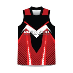 A red and black AFL singlet playing top featuring a bold design and a logo.
