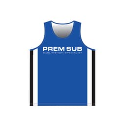 A blue athletics singlet with black side stripes and a logo featuring the words "Prem Sub" and "Sublimation Specialist."