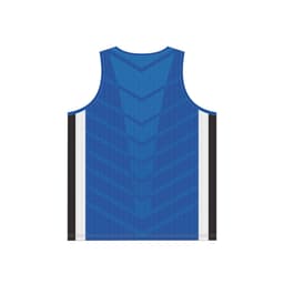 A blue athletics singlet featuring a chevron design, with black and white stripes on the sides and a logo.
