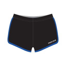Black athletics shorts with blue trim, featuring a branding logo on the side. Suitable for sports uniforms.