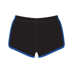 Black athletic shorts with blue trim and a logo on the front. Suitable for sports activities.