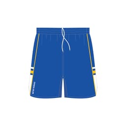 Bright blue basketball shorts with yellow and white accents, featuring an embedded logo.
