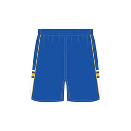 Blue basketball shorts featuring white and yellow stripes on the sides and a logo on the front.
