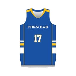 A blue basketball singlet with yellow accents features a number 17 and a logo.