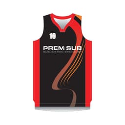 A black basketball singlet featuring red accents and a branding logo. The design includes a number '10'.