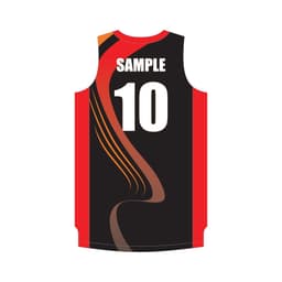 A black basketball singlet with red and orange accents, featuring the number 10 and a logo.