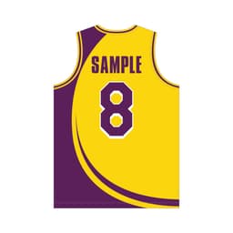 A yellow and purple basketball singlet featuring a number 8 and a logo. The design is modern and sporty.