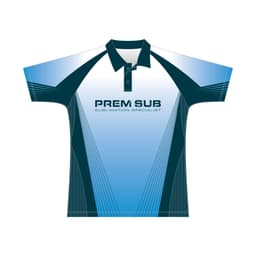 A blue and teal short-sleeved polo shirt featuring a collar and a logo on the front.