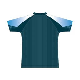 A green and blue short-sleeved t-shirt featuring a textured design and a logo.