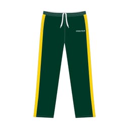 Sporty green trousers with yellow side stripes and an elastic waistband. Includes a logo on the front.