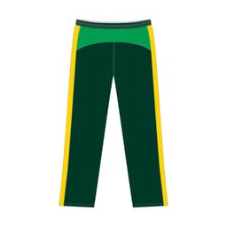 Cricket pants trousers in dark green with yellow and green side panels, featuring an elastic waistband and logo.