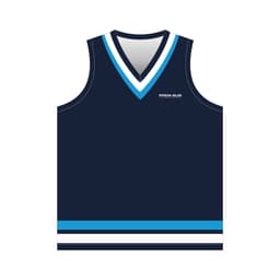 A navy cricket jersey vest with a blue and white striped design and a logo on the front.