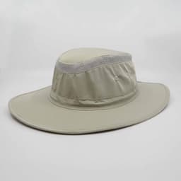 A light khaki sun hat with a wide brim and mesh detailing, featuring a logo.