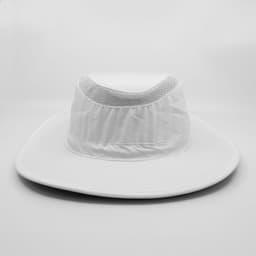A white Airflo sun hat with a wide brim and mesh panel for ventilation, featuring a logo.