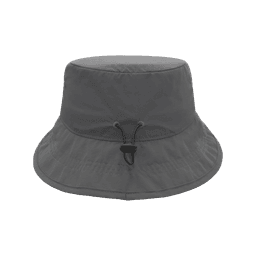A grey bucket hat with a drawstring, featuring a logo on its side.