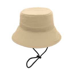 A tan bucket hat with a wide brim and an adjustable chin strap, featuring a logo on the side.