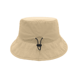 A tan bucket hat with an adjustable chin strap, featuring a logo on the side.