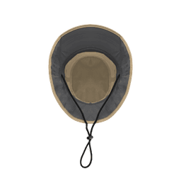 A light tan bucket hat with a mesh lining and an adjustable drawstring at the brim.