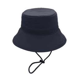 A navy blue surf bucket hat with a wide brim and adjustable chin strap. It features a logo on the side.