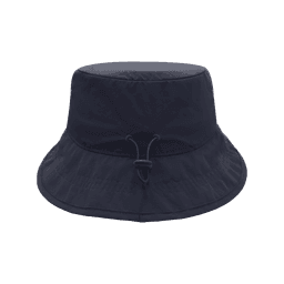 A navy blue bucket hat with a wide brim and drawstring adjustment. It features a logo on the side.