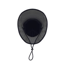A top view of a black surf bucket hat with a chin strap and a wide brim. It has a logo inside.
