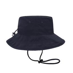 A navy blue bucket hat with a wide brim and adjustable chin strap, featuring two ventilation holes.
