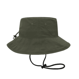 An olive green bucket hat with a wide brim and adjustable chin strap, featuring a branding logo.