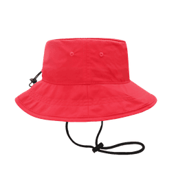 A red bucket hat featuring a wide brim and an adjustable chin strap, with a logo on the side.