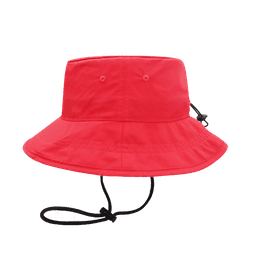 A red bucket hat with a wide brim, featuring a drawstring for adjustment and a logo on the side.