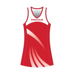 A red racerback sports dress featuring white accents and a logo at the top.