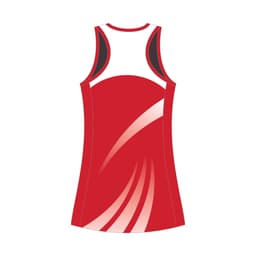 A red sports dress with a racerback design, featuring stylised white and black accents, and a logo.