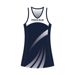 A sports dress in navy and white, featuring a sleek design with a logo on the front.