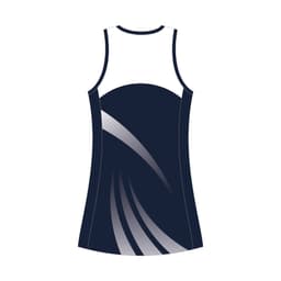 A navy and white sports dress with a fitted design and a stylish pattern. The dress features a logo.