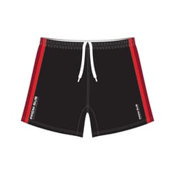 Black sports shorts with red side stripes and a drawstring, featuring a logo on the side.