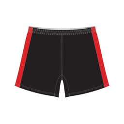 Hockey shorts in black with red side panels, featuring stitching details and a waistband. Includes a logo.