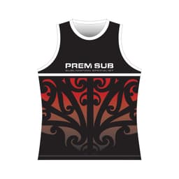 A black hockey singlet racerback featuring a red and grey tribal pattern, with a logo on the front.