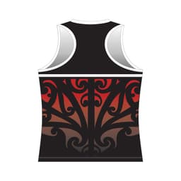A black racerback singlet featuring a red and grey tribal design with a logo.