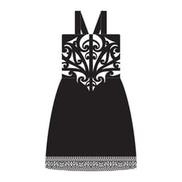 A black dress with intricate white tribal patterns and a layered skirt. It features wide straps and a detailed hem.