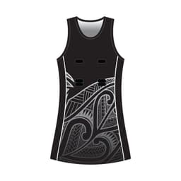 A black netball dress with a racerback design featuring intricate grey patterns and a logo.