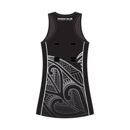 A black netball dress with a racerback design featuring intricate grey patterns and a logo.
