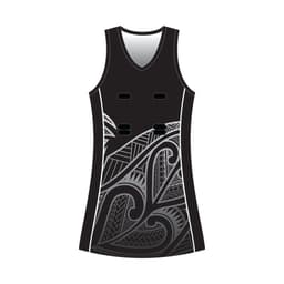 A sleeveless netball dress in black featuring a patterned design and a logo. Suitable for sports uniforms.