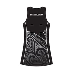 A black netball dress featuring a patterned design and a logo on the back.