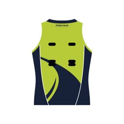 A sleeveless netball singlet in vibrant green and navy, featuring a sporty design and logo.