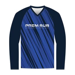 A long sleeve raglan t-shirt in blue and navy with diagonal stripes and a logo on the front.