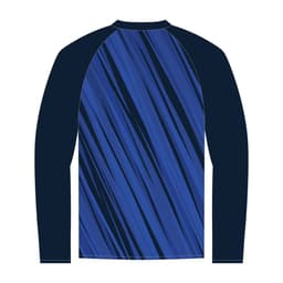 A long sleeve raglan T-shirt featuring a blue and navy design, with a logo on the back.